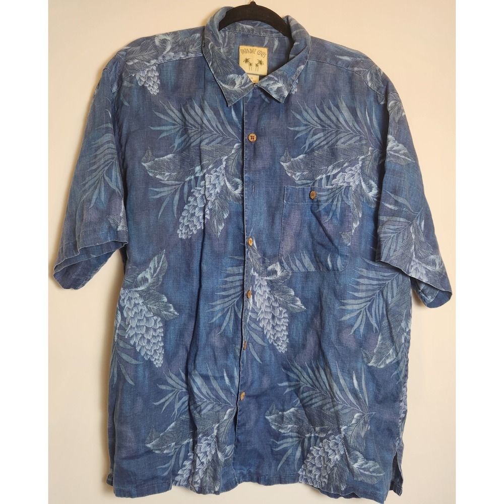 Paradise Coves 100%‎ Silk Short Sleeve Button Up Shirt Men's XL Blue Hawaiian